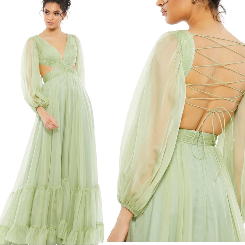 Mac Duggal Pleated Cut Out Long Sleeve Lace Up Tiered Gown Size 6